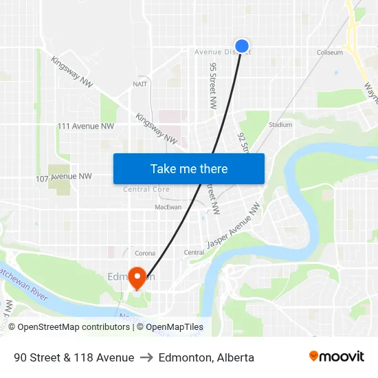 90 Street & 118 Avenue to Edmonton, Alberta map