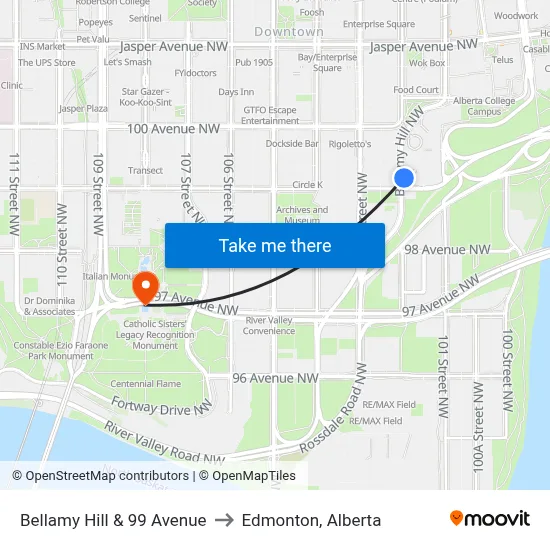 Bellamy Hill & 99 Avenue to Edmonton, Alberta map