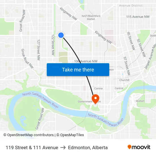 119 Street & 111 Avenue to Edmonton, Alberta map
