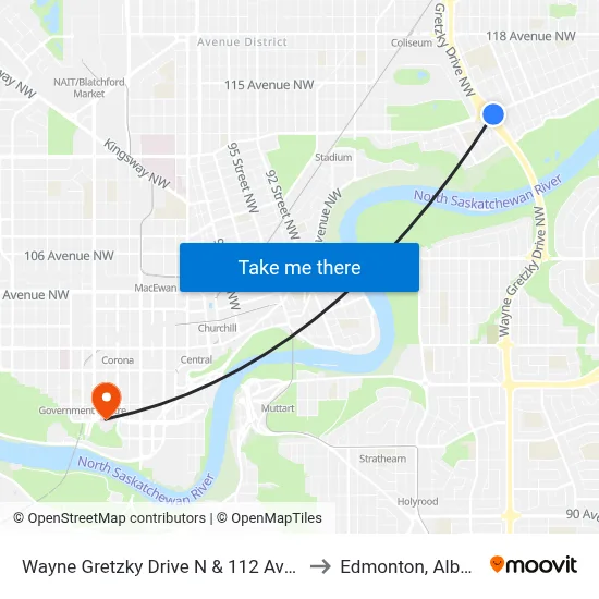 Wayne Gretzky Drive N & 112 Avenue to Edmonton, Alberta map
