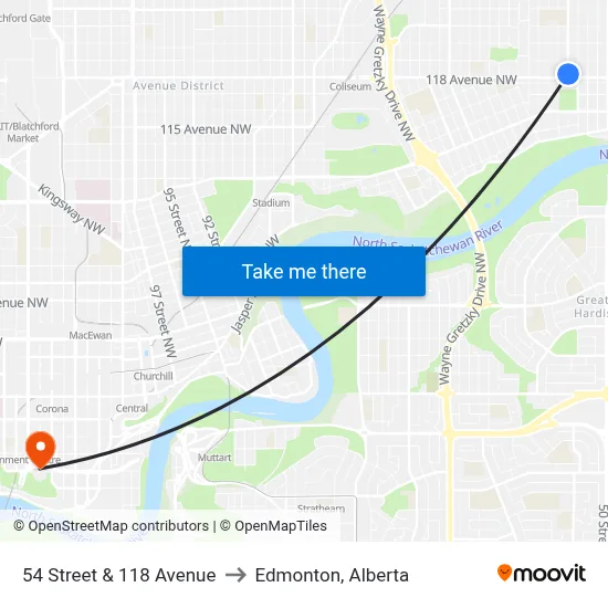 54 Street & 118 Avenue to Edmonton, Alberta map