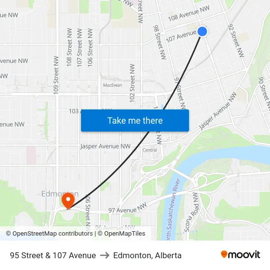 95 Street & 107 Avenue to Edmonton, Alberta map