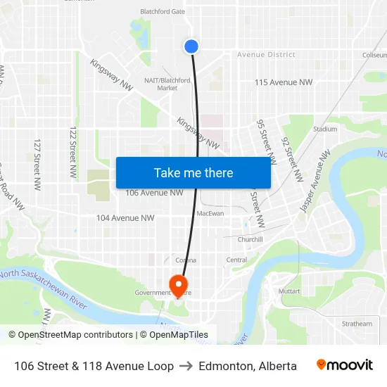 106 Street & 118 Avenue Loop to Edmonton, Alberta map
