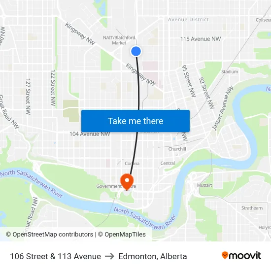106 Street & 113 Avenue to Edmonton, Alberta map