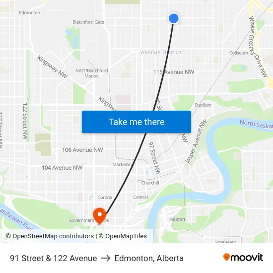 91 Street & 122 Avenue to Edmonton, Alberta map