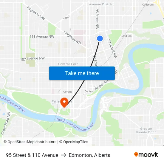 95 Street & 110 Avenue to Edmonton, Alberta map