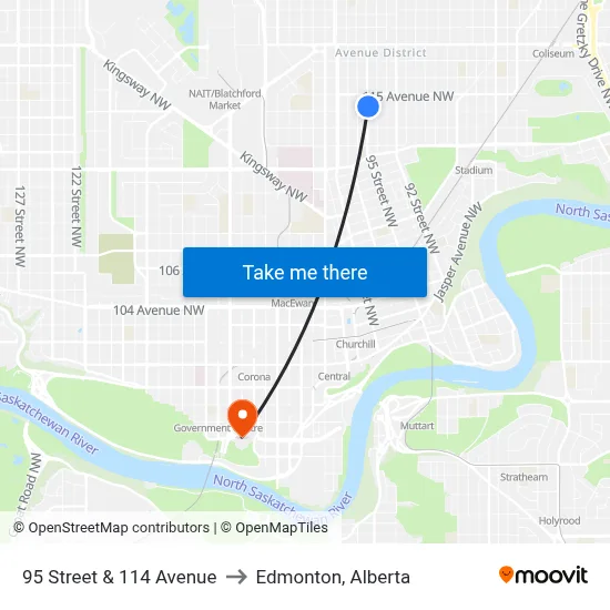 95 Street & 114 Avenue to Edmonton, Alberta map