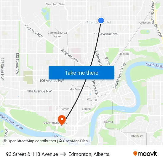 93 Street & 118 Avenue to Edmonton, Alberta map