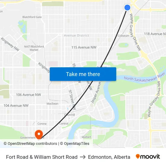 Fort Road & William Short Road to Edmonton, Alberta map