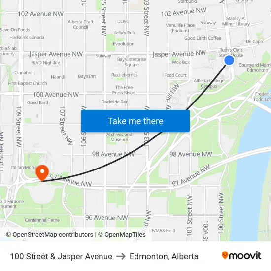 100 Street & Jasper Avenue to Edmonton, Alberta map