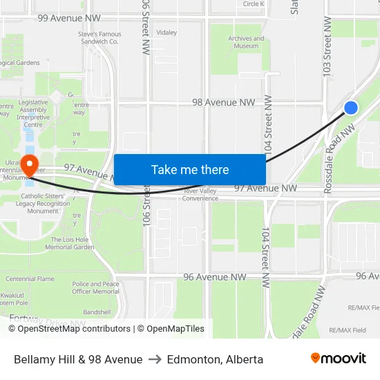 Bellamy Hill & 98 Avenue to Edmonton, Alberta map