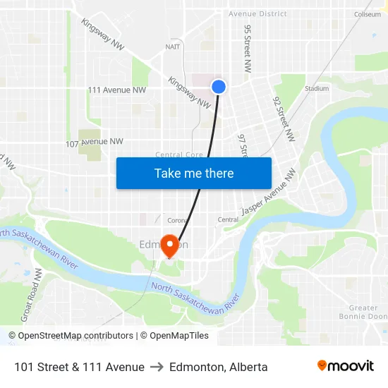101 Street & 111 Avenue to Edmonton, Alberta map