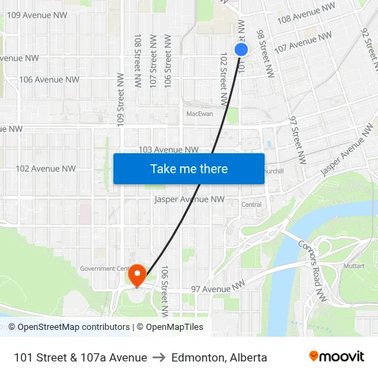 101 Street & 107a Avenue to Edmonton, Alberta map