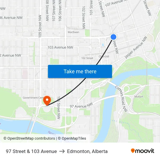 97 Street & 103 Avenue to Edmonton, Alberta map