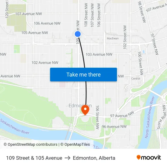 109 Street & 105 Avenue to Edmonton, Alberta map