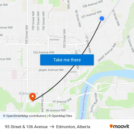95 Street & 106 Avenue to Edmonton, Alberta map
