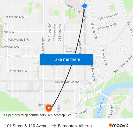 101 Street & 110 Avenue to Edmonton, Alberta map