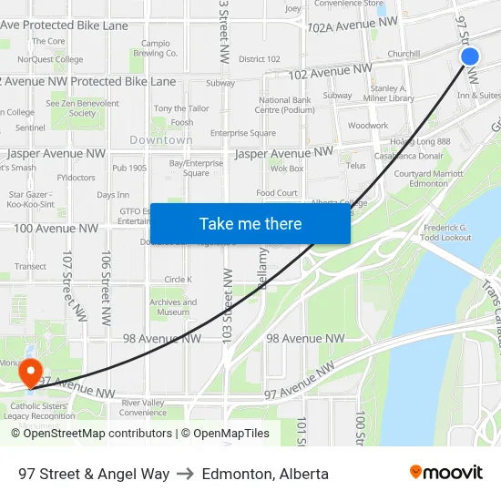 97 Street & Angel Way to Edmonton, Alberta map