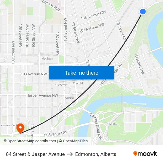84 Street & Jasper Avenue to Edmonton, Alberta map