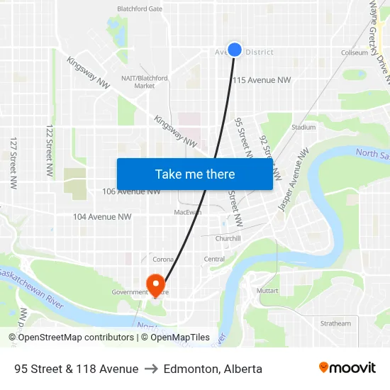 95 Street & 118 Avenue to Edmonton, Alberta map