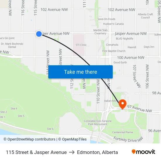 115 Street & Jasper Avenue to Edmonton, Alberta map