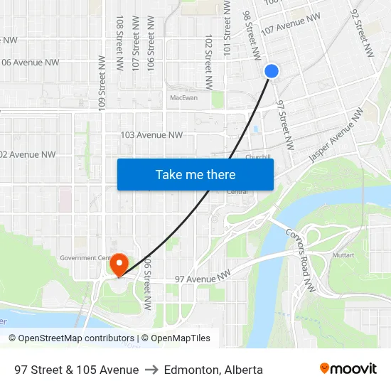97 Street & 105 Avenue to Edmonton, Alberta map