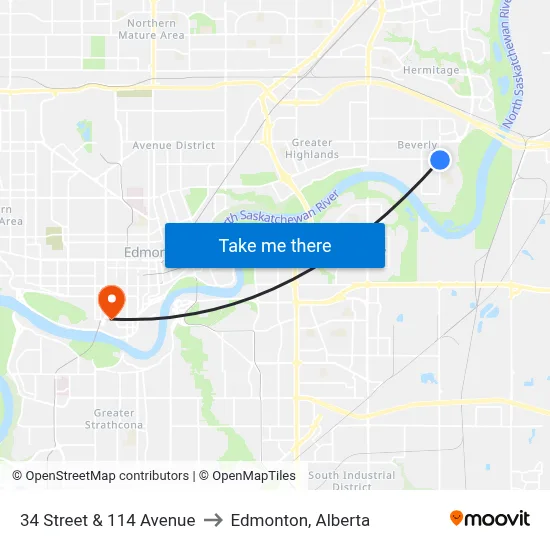 34 Street & 114 Avenue to Edmonton, Alberta map
