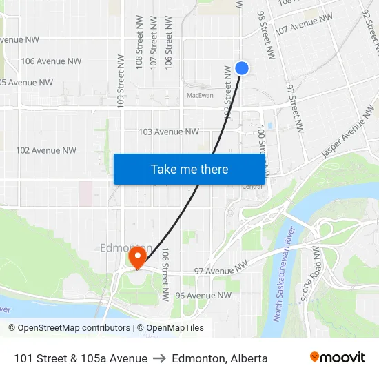 101 Street & 105a Avenue to Edmonton, Alberta map