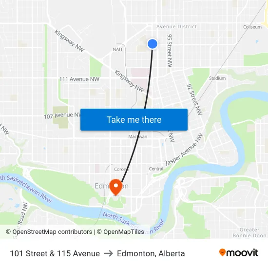 101 Street & 115 Avenue to Edmonton, Alberta map