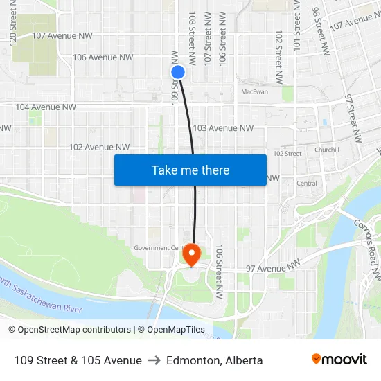 109 Street & 105 Avenue to Edmonton, Alberta map