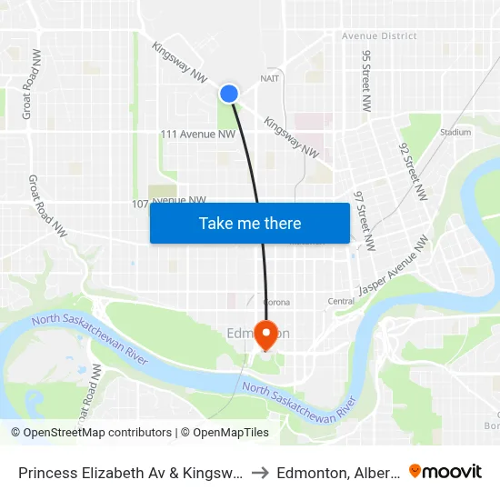 Princess Elizabeth Av & Kingsway to Edmonton, Alberta map