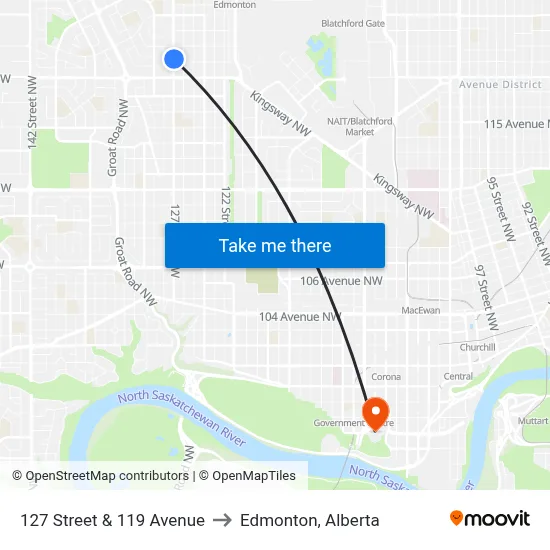 127 Street & 119 Avenue to Edmonton, Alberta map