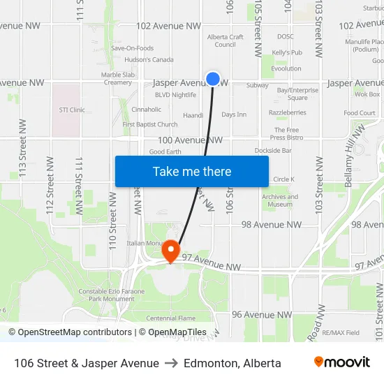 106 Street & Jasper Avenue to Edmonton, Alberta map