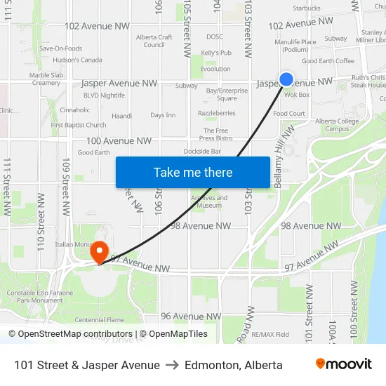 101 Street & Jasper Avenue to Edmonton, Alberta map
