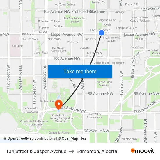 104 Street & Jasper Avenue to Edmonton, Alberta map