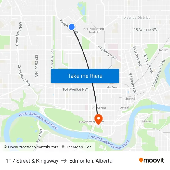 117 Street & Kingsway to Edmonton, Alberta map