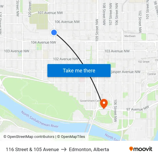 116 Street & 105 Avenue to Edmonton, Alberta map