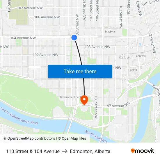110 Street & 104 Avenue to Edmonton, Alberta map