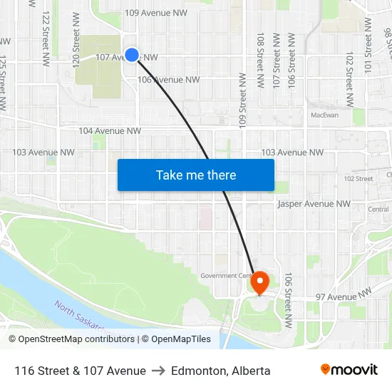 116 Street & 107 Avenue to Edmonton, Alberta map