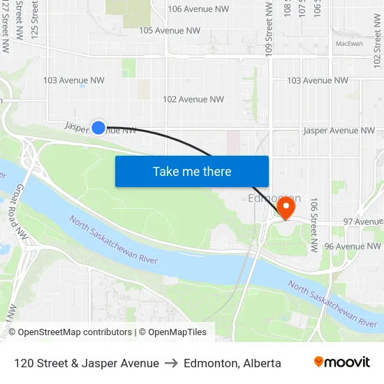 120 Street & Jasper Avenue to Edmonton, Alberta map