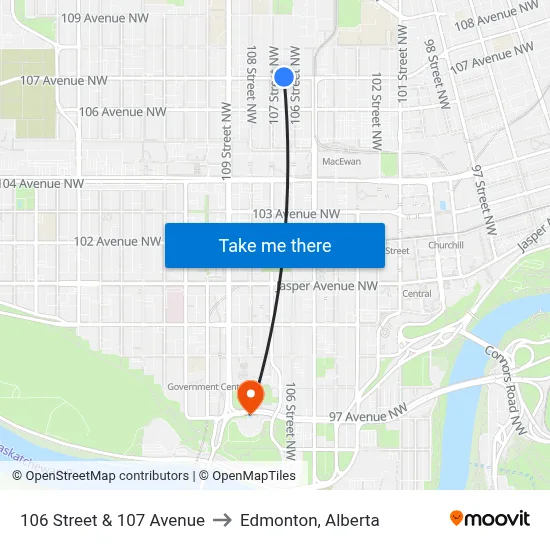 106 Street & 107 Avenue to Edmonton, Alberta map
