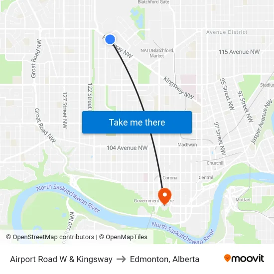 Airport Road W & Kingsway to Edmonton, Alberta map