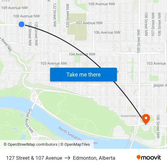 127 Street & 107 Avenue to Edmonton, Alberta map
