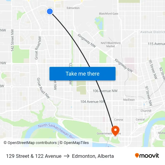 129 Street & 122 Avenue to Edmonton, Alberta map