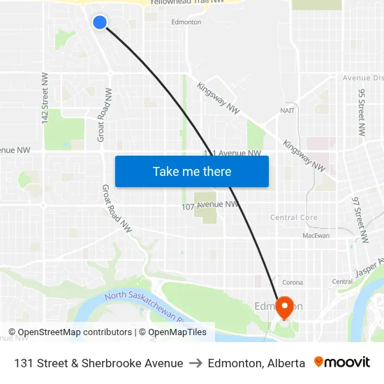 131 Street & Sherbrooke Avenue to Edmonton, Alberta map