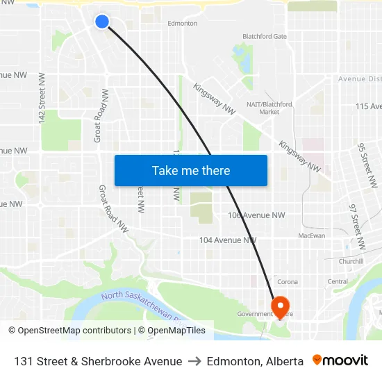131 Street & Sherbrooke Avenue to Edmonton, Alberta map