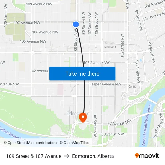 109 Street & 107 Avenue to Edmonton, Alberta map