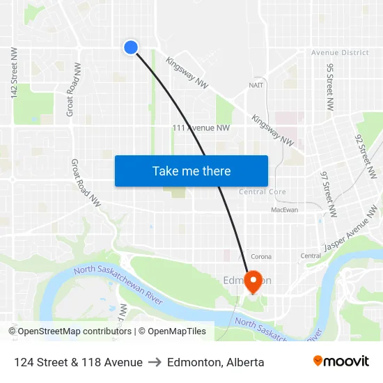 124 Street & 118 Avenue to Edmonton, Alberta map