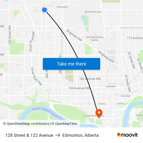 128 Street & 122 Avenue to Edmonton, Alberta map