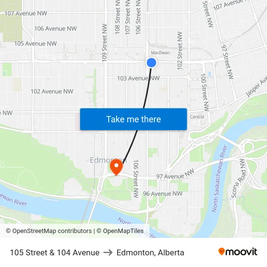 105 Street & 104 Avenue to Edmonton, Alberta map